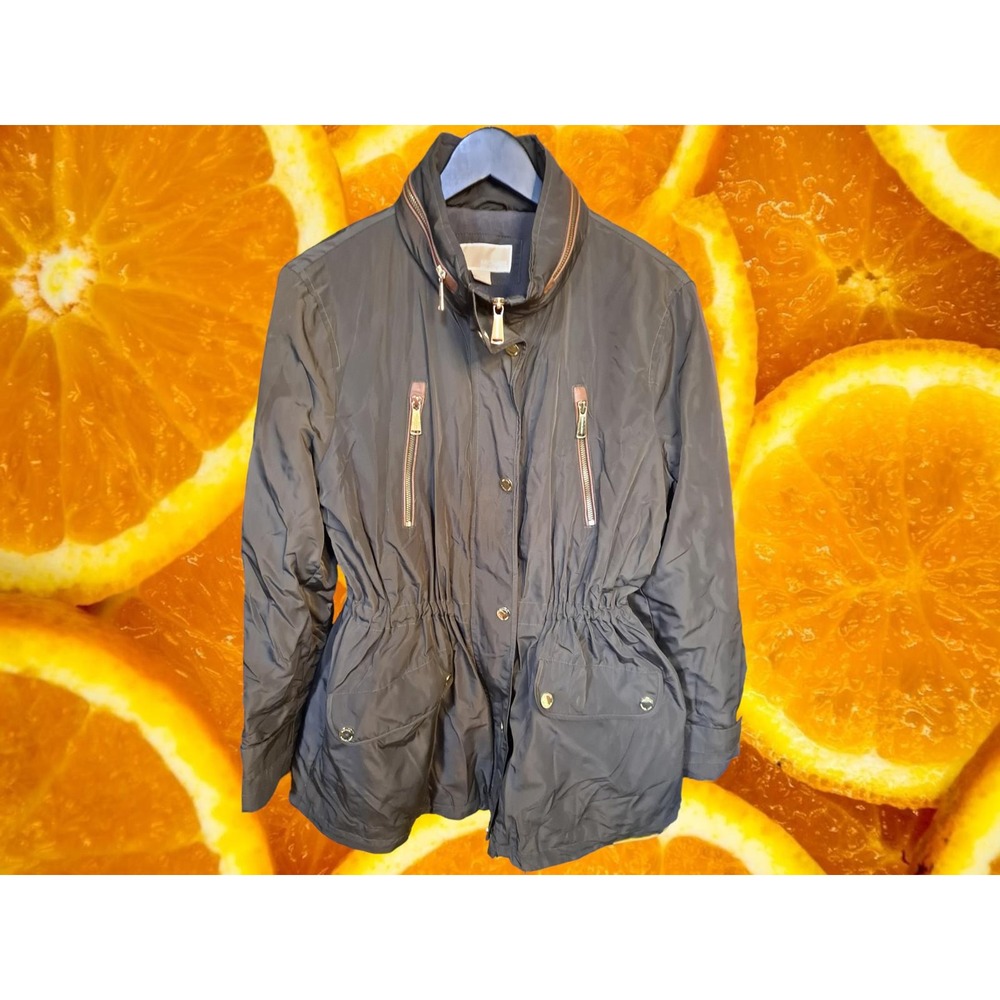 Michael Kors Womens XL Anorak Utility Jacket Olive Green Fleece Lined Gold Trim